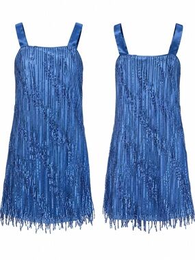 Girls Blue Sequin Fringe Party Dress 10